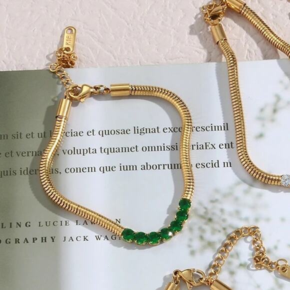 Emerald Green Zircon Snake chain Bracelet 18K Gold Plated Stainless Steel - Picture 5 of 9